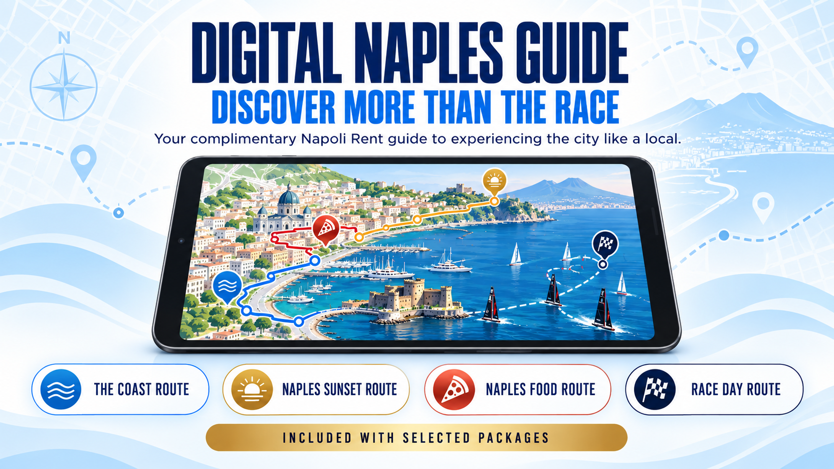 Digital Naples Guide with coast, sunset, food and race-day routes