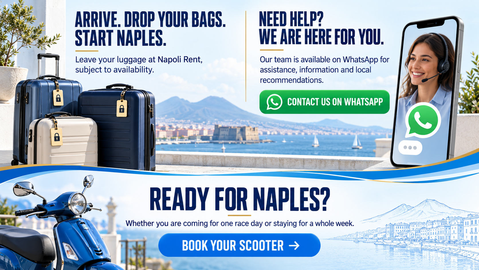 Napoli Rent luggage storage, WhatsApp assistance and America's Cup scooter booking